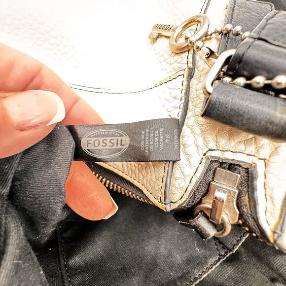 Fossil Off White Multi Color Leather Shoulder Bag Chunky Silver Hardware - Picture 10 of 16